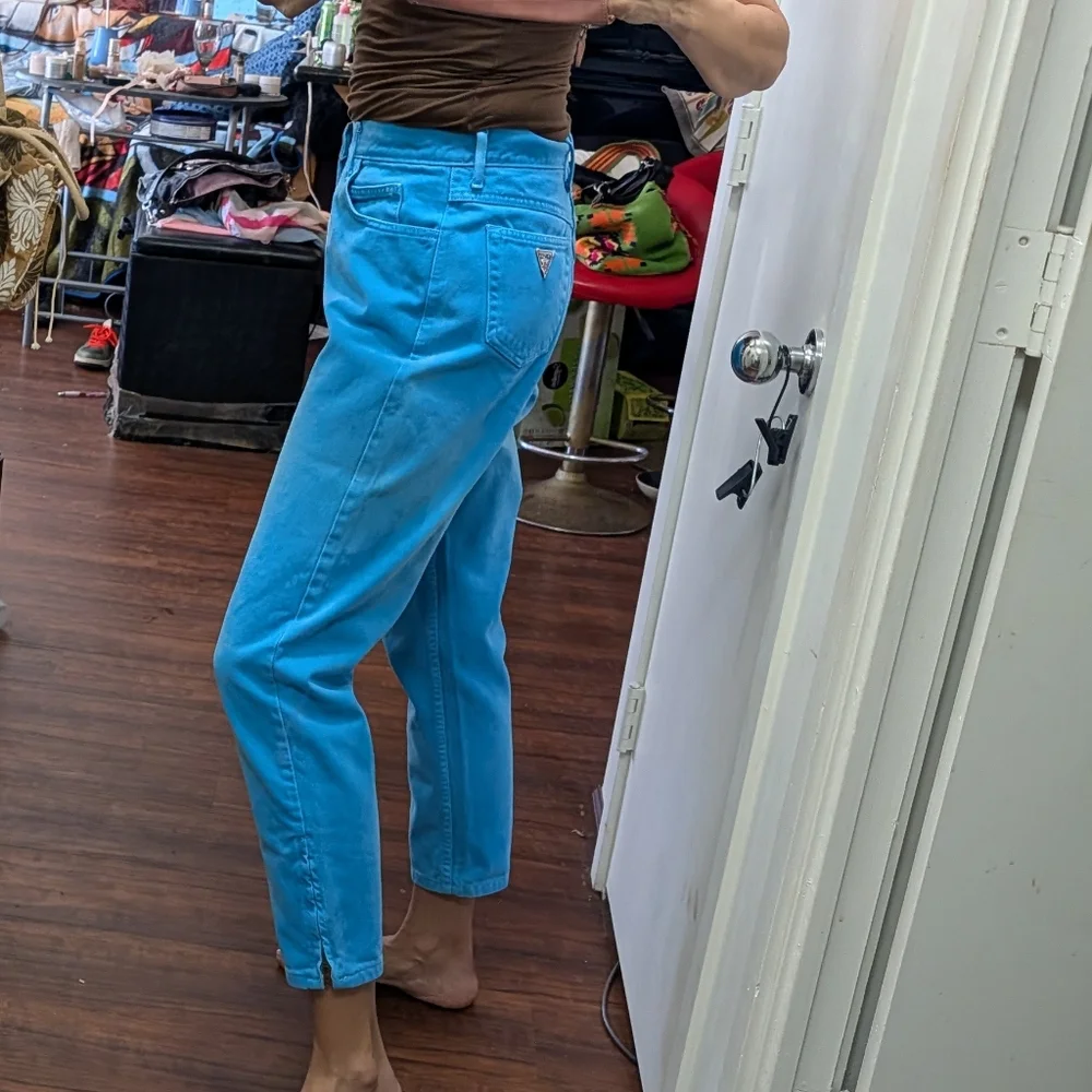 Vtg 80s Guess by Marciano USA ankle zip high-waisted aqua blue crop Mom Jeans - Picture 5 of 15